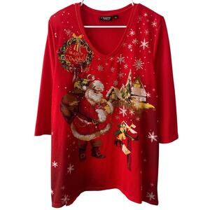 ONQUE CASUAL Red Embellished Graphic Santa Christmas Tunic V Neckline Stretch